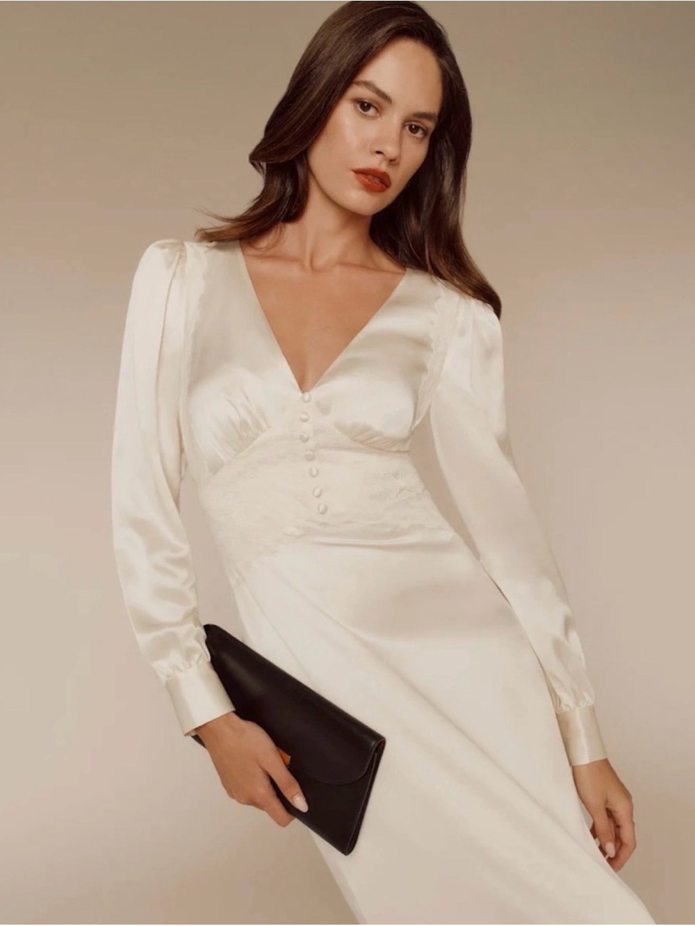 Reformation Ivory Satin V-Neck Button Front Slip Dress - Picture 3 of 9